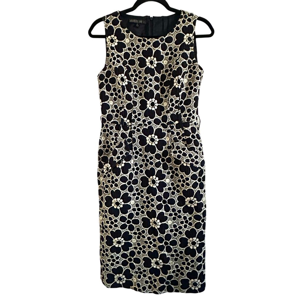 LAFAYETTE 148 Navy Blue Cream Floral Embroidered Pocket Sheath Dress - Sz 4